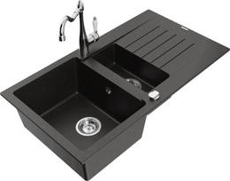 Granitinė virtuvinė plautuvė Mexen Matias su maišytuvu ir sifonu, Metallic black/Gold/Chrome