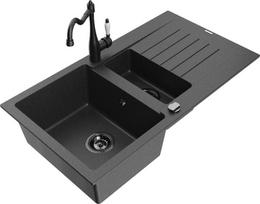 Granitinė virtuvinė plautuvė Mexen Matias su maišytuvu ir sifonu, Black granite/Black