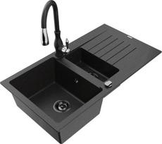 Granitinė virtuvinė plautuvė Mexen Matias su maišytuvu ir sifonu, Metallic black/Silver/Black