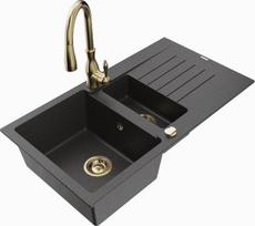 Granitinė virtuvinė plautuvė Mexen Matias su maišytuvu ir sifonu, Black granite/Gold