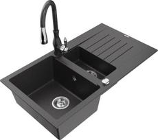 Granitinė virtuvinė plautuvė Mexen Matias su maišytuvu ir sifonu, Black granite