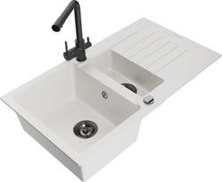 Granitinė virtuvinė plautuvė Mexen Matias su maišytuvu ir sifonu, White/Black