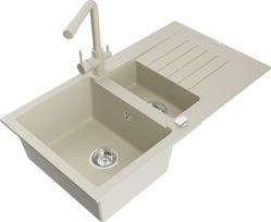 Granitinė virtuvinė plautuvė Mexen Matias su maišytuvu ir sifonu, Beige