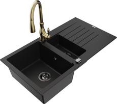 Granitinė virtuvinė plautuvė Mexen Matias su maišytuvu ir sifonu, Black/Gold