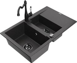 Granitinė virtuvinė plautuvė Mexen Gaspar su maišytuvu Carla ir sifonu 6507-76-670700-70-B, juoda
