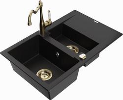 Granitinė virtuvinė plautuvė Mexen Gaspar su maišytuvu ir sifonu, Black/Gold