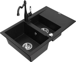 Granitinė virtuvinė plautuvė Mexen Gaspar su maišytuvu Carla ir sifonu 6507-77-670700-70, juoda