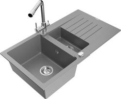Granitinė virtuvinė plautuvė Mexen Matias su maišytuvu ir sifonu, Grey/Chrome