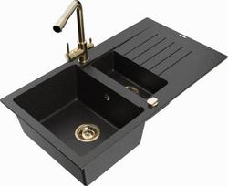 Granitinė virtuvinė plautuvė Mexen Matias su maišytuvu ir sifonu, Metallic black/Silver/Gold