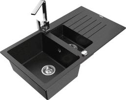 Granitinė virtuvinė plautuvė Mexen Matias su maišytuvu ir sifonu, Metallic black/Silver/Chrome