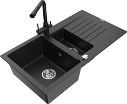 Granitinė virtuvinė plautuvė Mexen Matias su maišytuvu ir sifonu, Metallic black/gold/black
