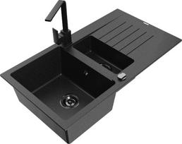 Granitinė virtuvinė plautuvė Mexen Matias su maišytuvu ir sifonu, Metallic black/Silver/Black