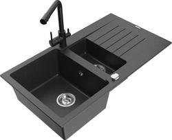 Granitinė virtuvinė plautuvė Mexen Matias su maišytuvu ir sifonu, Black granite/Black