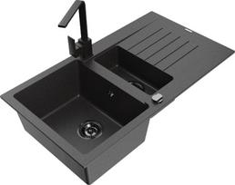 Granitinė virtuvinė plautuvė Mexen Matias su maišytuvu ir sifonu, Black granite/Black