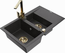 Granitinė virtuvinė plautuvė Mexen Gaspar su maišytuvu ir sifonu, Black granite/Gold
