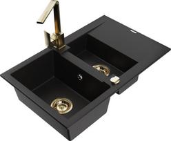 Granitinė virtuvinė plautuvė Mexen Gaspar su maišytuvu ir sifonu, Black/Gold