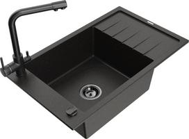 Granitinė virtuvinė plautuvė Mexen Elias su maišytuvu Duero ir sifonu 6511-75-671600-70-B, juoda