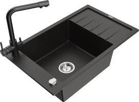 Granitinė virtuvinė plautuvė Mexen Elias su maišytuvu Duero ir sifonu 6511-75-671600-70, juoda