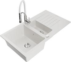 Granitinė virtuvinė plautuvė Mexen Matias su maišytuvu ir sifonu, White/Chrome