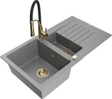 Granitinė virtuvinė plautuvė Mexen Matias su maišytuvu ir sifonu, Grey/Black/Gold