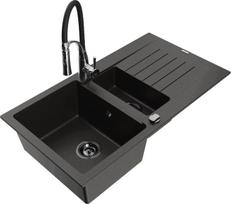 Granitinė virtuvinė plautuvė Mexen Matias su maišytuvu ir sifonu, Metallic black/Gold/Black/Chrome