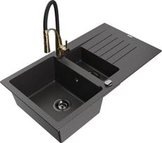 Granitinė virtuvinė plautuvė Mexen Matias su maišytuvu ir sifonu, Black granite/Black/Gold