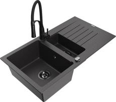 Granitinė virtuvinė plautuvė Mexen Matias su maišytuvu ir sifonu, Black granite/Black