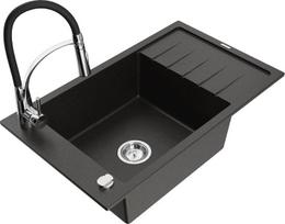 Granitinė virtuvinė plautuvė Mexen Elias su maišytuvu Aster ir sifonu 6511-75-73450-07, juoda