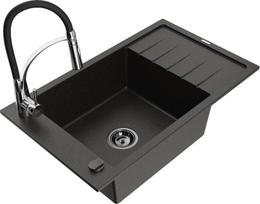 Granitinė virtuvinė plautuvė Mexen Elias su maišytuvu Aster ir sifonu 6511-75-73450-07-B, juoda