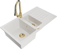 Granitinė virtuvinė plautuvė Mexen Matias su maišytuvu ir sifonu, White/Gold