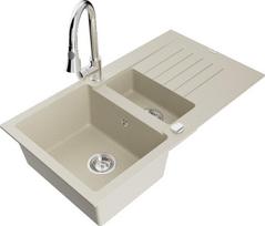 Granitinė virtuvinė plautuvė Mexen Matias su maišytuvu ir sifonu, Beige/Chrome