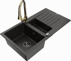 Granitinė virtuvinė plautuvė Mexen Matias su maišytuvu ir sifonu, Metallic black/Gold