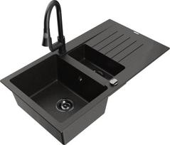 Granitinė virtuvinė plautuvė Mexen Matias su maišytuvu ir sifonu, Metallic black/gold/black