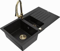 Granitinė virtuvinė plautuvė Mexen Matias su maišytuvu ir sifonu, Black/Gold