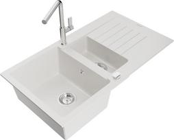 Granitinė virtuvinė plautuvė Mexen Matias su maišytuvu ir sifonu, White/Chrome