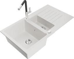Granitinė virtuvinė plautuvė Mexen Matias su maišytuvu ir sifonu, White/Black/Chrome