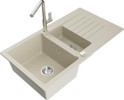 Granitinė virtuvinė plautuvė Mexen Matias su maišytuvu ir sifonu, Beige/Chrome