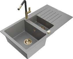 Granitinė virtuvinė plautuvė Mexen Matias su maišytuvu ir sifonu, Grey/Black/Gold