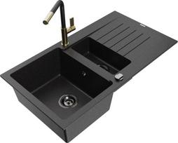 Granitinė virtuvinė plautuvė Mexen Matias su maišytuvu ir sifonu, Metallic black/silver/black/gold