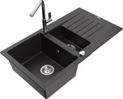 Granitinė virtuvinė plautuvė Mexen Matias su maišytuvu ir sifonu, Metallic black/Gold/Chrome
