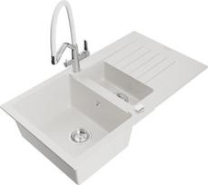 Granitinė virtuvinė plautuvė Mexen Matias su maišytuvu ir sifonu, White/Chrome