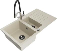 Granitinė virtuvinė plautuvė Mexen Matias su maišytuvu ir sifonu, Beige/Black/Chrome