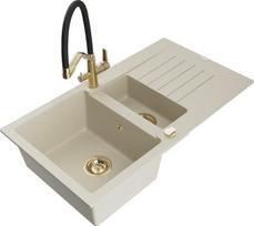 Granitinė virtuvinė plautuvė Mexen Matias su maišytuvu ir sifonu, Beige/Black/Gold