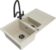 Granitinė virtuvinė plautuvė Mexen Matias su maišytuvu ir sifonu, Beige/Black