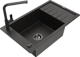 Granitinė virtuvinė plautuvė Mexen Elias su maišytuvu Flora ir sifonu 6511-75-670401-70-B, juoda