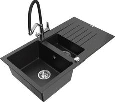 Granitinė virtuvinė plautuvė Mexen Matias su maišytuvu ir sifonu, Metallic black/Silver/Black/Chrome