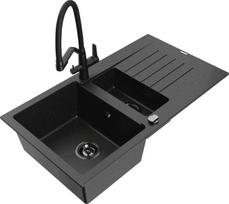 Granitinė virtuvinė plautuvė Mexen Matias su maišytuvu ir sifonu, Metallic black/silver/black