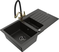 Granitinė virtuvinė plautuvė Mexen Matias su maišytuvu ir sifonu, Metallic black/Black/Gold