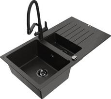 Granitinė virtuvinė plautuvė Mexen Matias su maišytuvu ir sifonu, Metallic black/gold/black