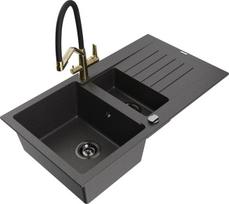 Granitinė virtuvinė plautuvė Mexen Matias su maišytuvu ir sifonu, Black granite/Black/Gold